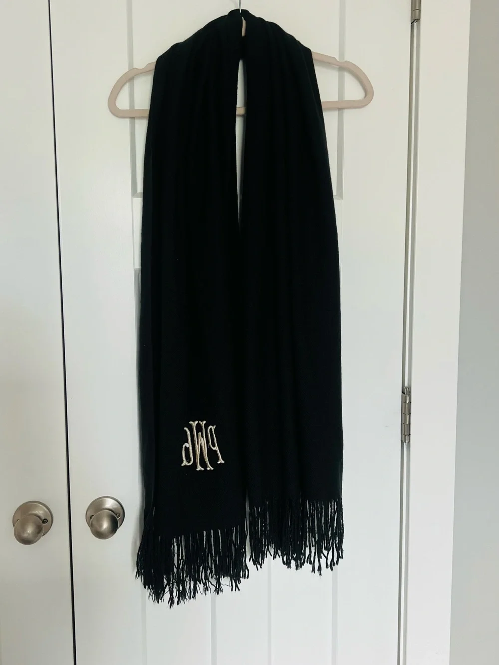 Black Fringe Scarf with Monogram Embroidery